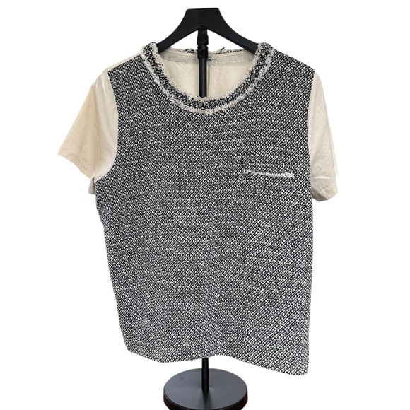 J.Crew Silk-Blend Tweed-front Tee w/Cotton Jersey Back Black/Ivory/Cream Women S - Picture 2 of 8